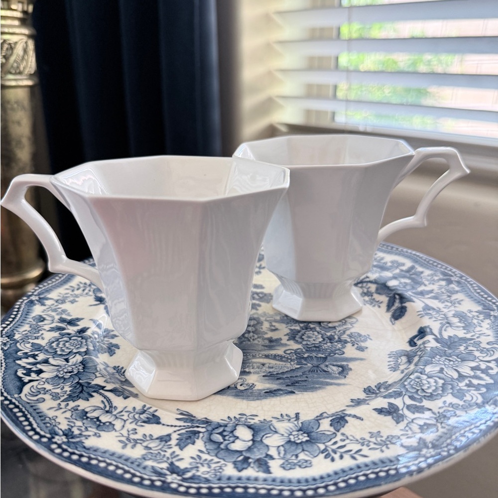 White Ironstone Cream Soup Cups Pair Castleton Japan 2 Mugs